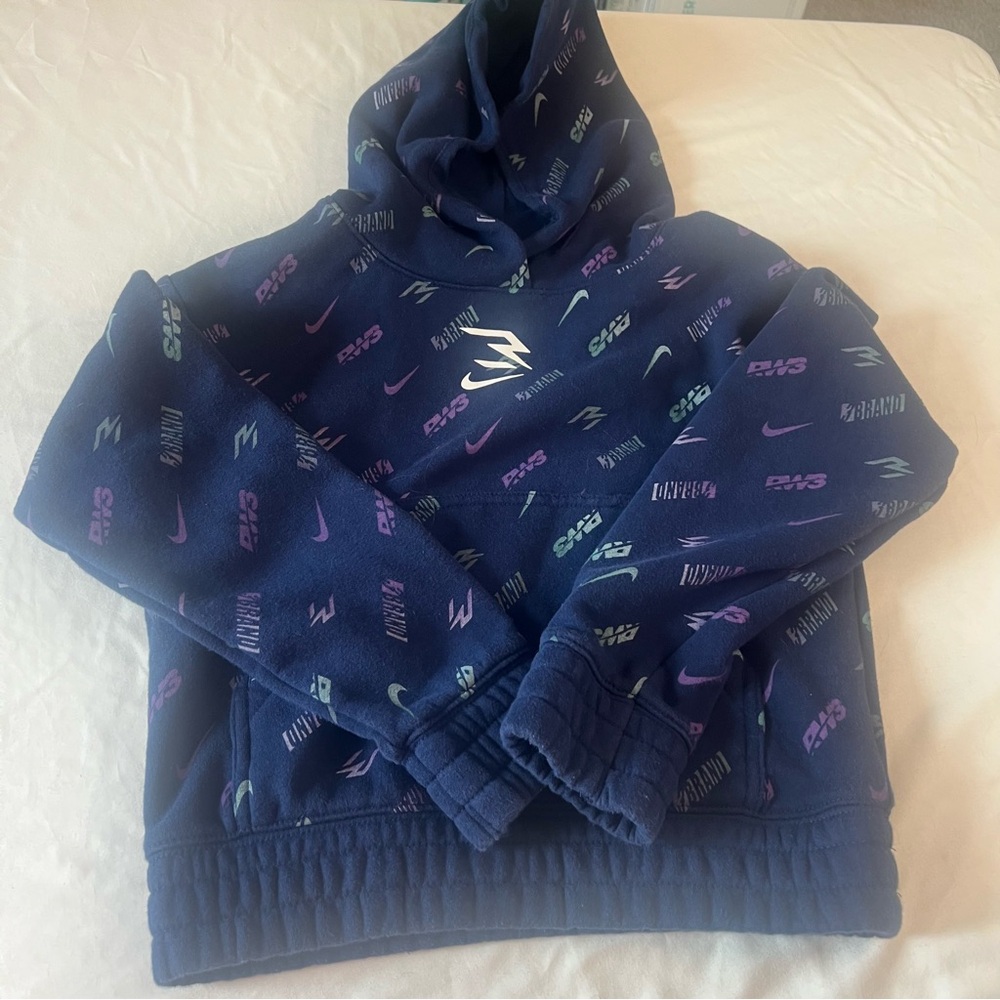 Nike 3BRAND by Russell Kids Hoodie Navy Multicolor Logo Print Fleece Pullover M